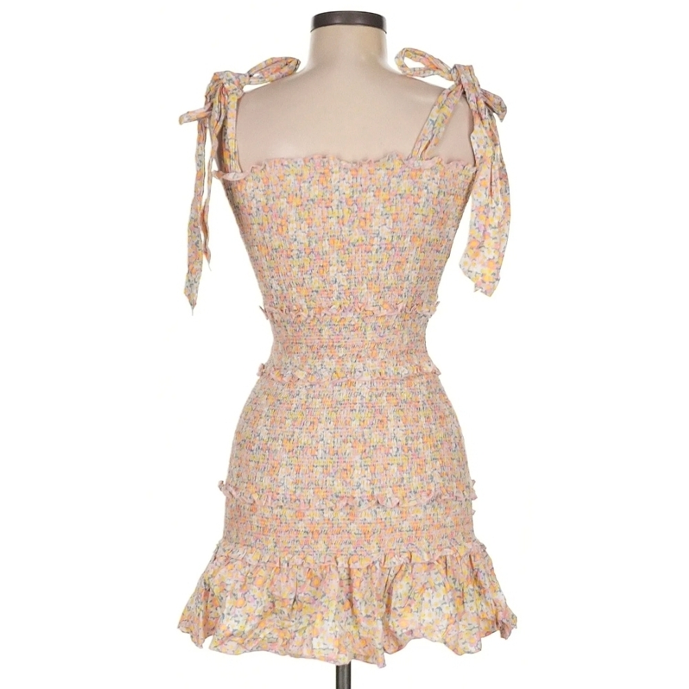 Pink Foral Smocked Mini Dress With Tie Straps